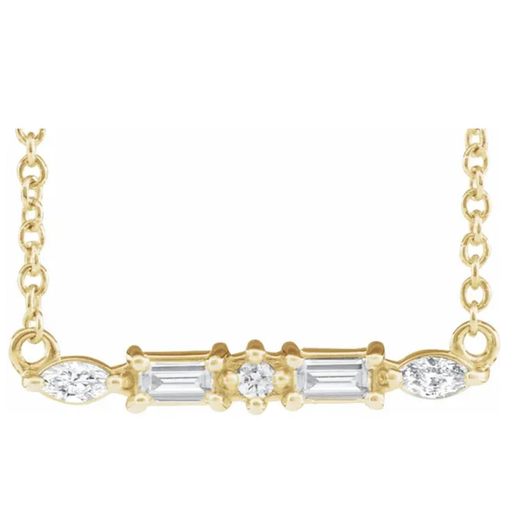 14K solid gold marquise & baguette diamond bar necklace - workshopunderground.com